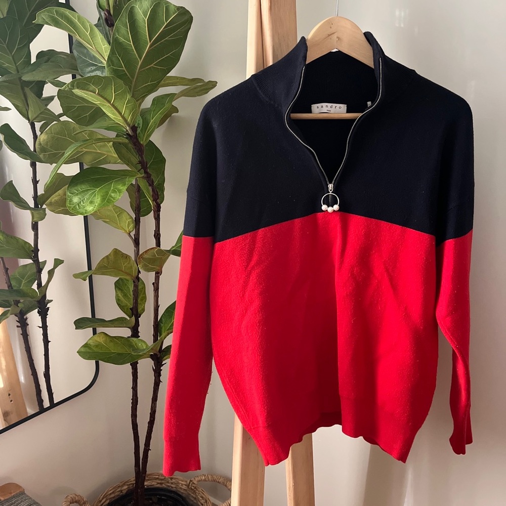 Sandro Red Black Sweater Pearl Accents M 1/4 zip